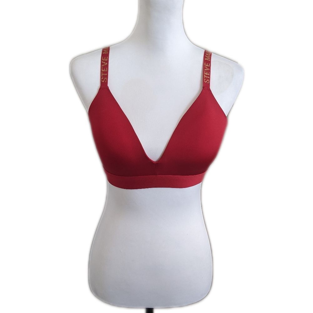 Steve Madden red bra (no underwire) sparkle logo on straps, 36C
